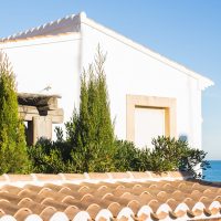 Beautiful exterior of newly built luxury home. Yard with green grass and walkway.